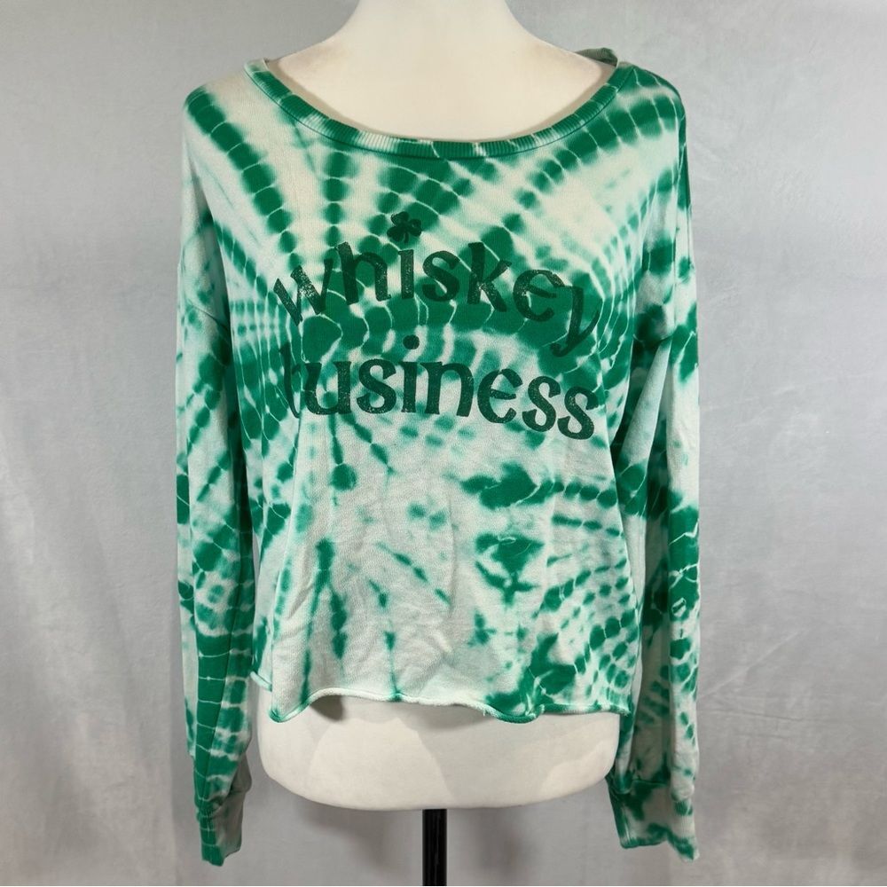 Green and white tie dye “Whiskey Business” long sleeve knit top size medium